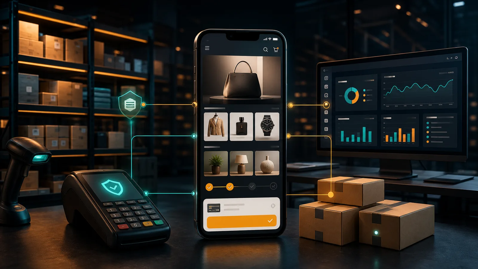 E-Ticaret Mobil Uygulama Yaptırma: Ödeme, Stok ve ERP Rehberi için MobiCraft editoryal kapak görseli